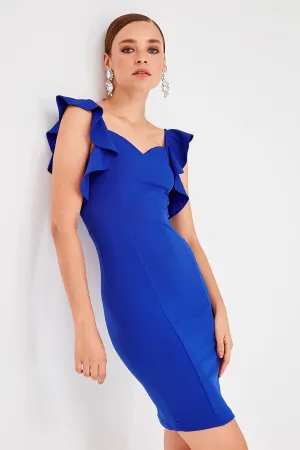 13071 Blue Ruffle Sleeve Bodycon Dress