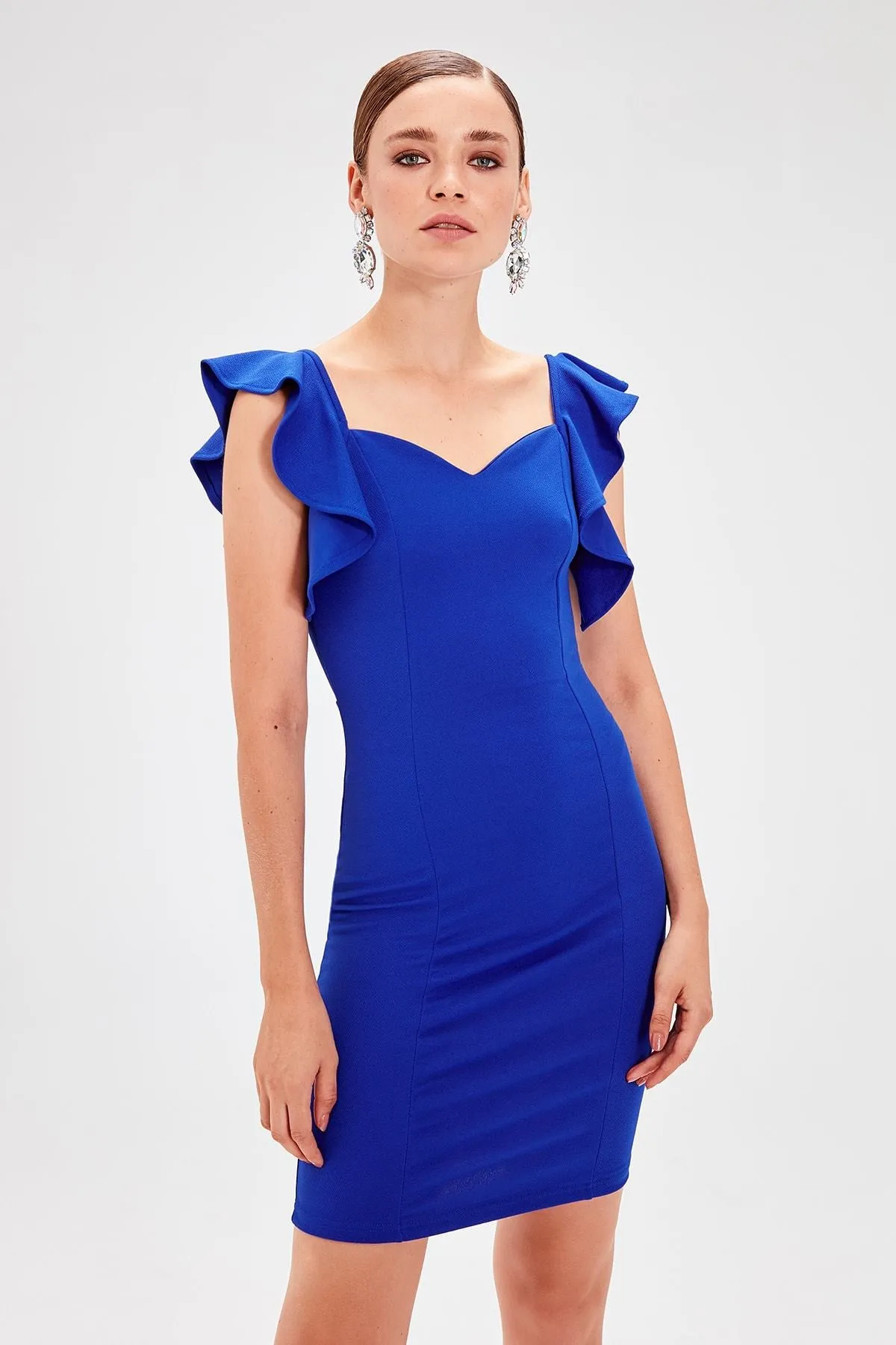 13071 Blue Ruffle Sleeve Bodycon Dress