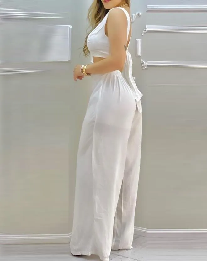 2023 Summer Casual Cutout Waist Backless Tied Detail Jumpsuit V-Neck Sleeveless Plain Daily Fashion Sexy Women's Jumpsuits
