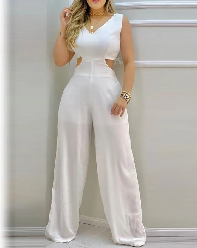 2023 Summer Casual Cutout Waist Backless Tied Detail Jumpsuit V-Neck Sleeveless Plain Daily Fashion Sexy Women's Jumpsuits