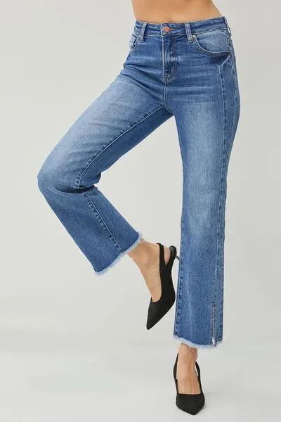 April - High Waist Raw Hem Slit Straight Jeans - Risen - Exclusively Online