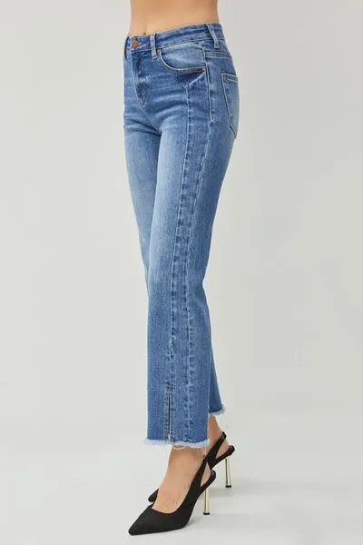 April - High Waist Raw Hem Slit Straight Jeans - Risen - Exclusively Online