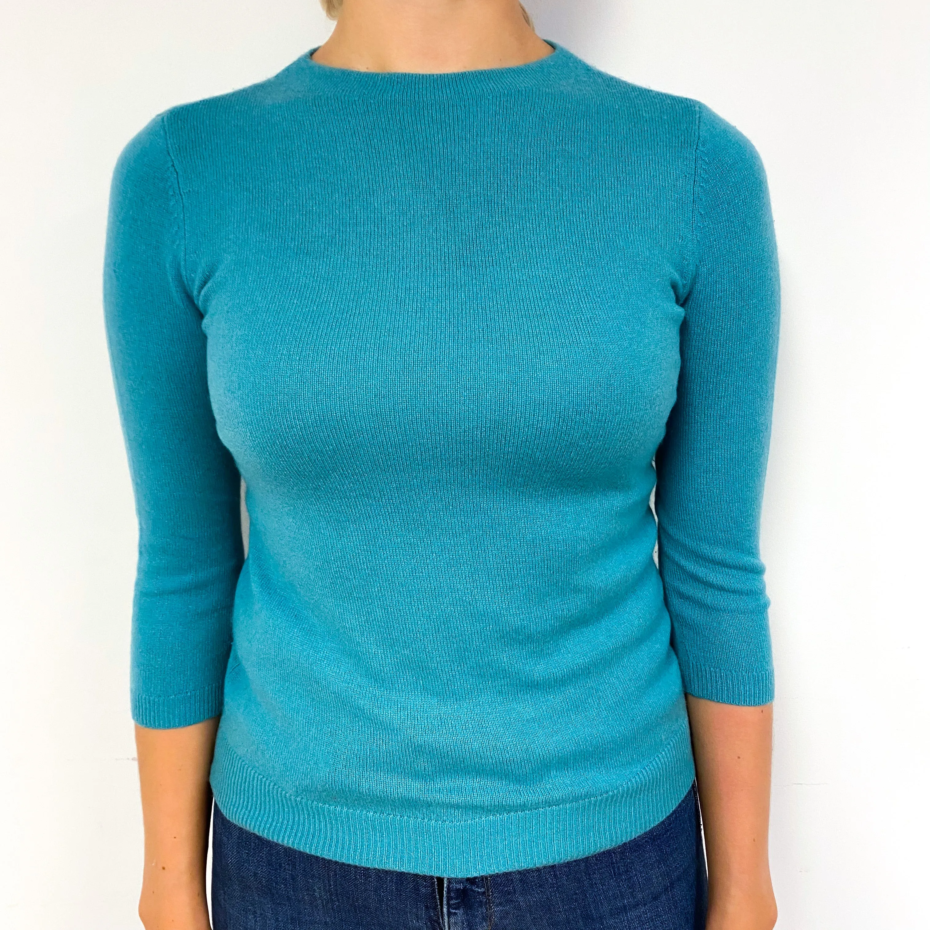 Aqua Green 3/4 Sleeve Cashmere Crew Neck Jumper Small/Petite