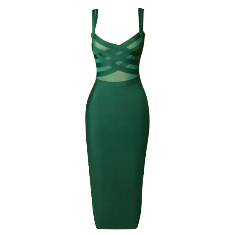 Bandage Dress Mesh Patchwork See Through Sexy Midi Women Dress Elegant Party Clubwear Bodycon Dress