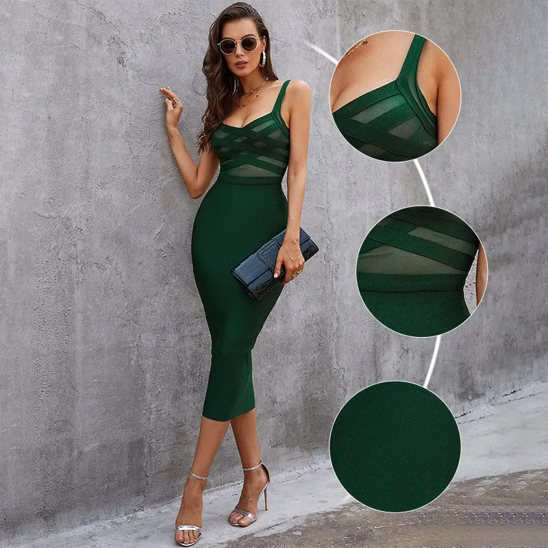Bandage Dress Mesh Patchwork See Through Sexy Midi Women Dress Elegant Party Clubwear Bodycon Dress