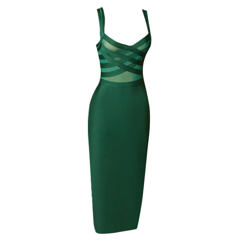 Bandage Dress Mesh Patchwork See Through Sexy Midi Women Dress Elegant Party Clubwear Bodycon Dress