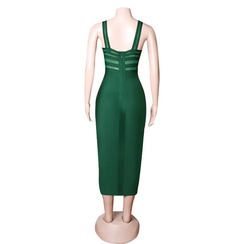 Bandage Dress Mesh Patchwork See Through Sexy Midi Women Dress Elegant Party Clubwear Bodycon Dress