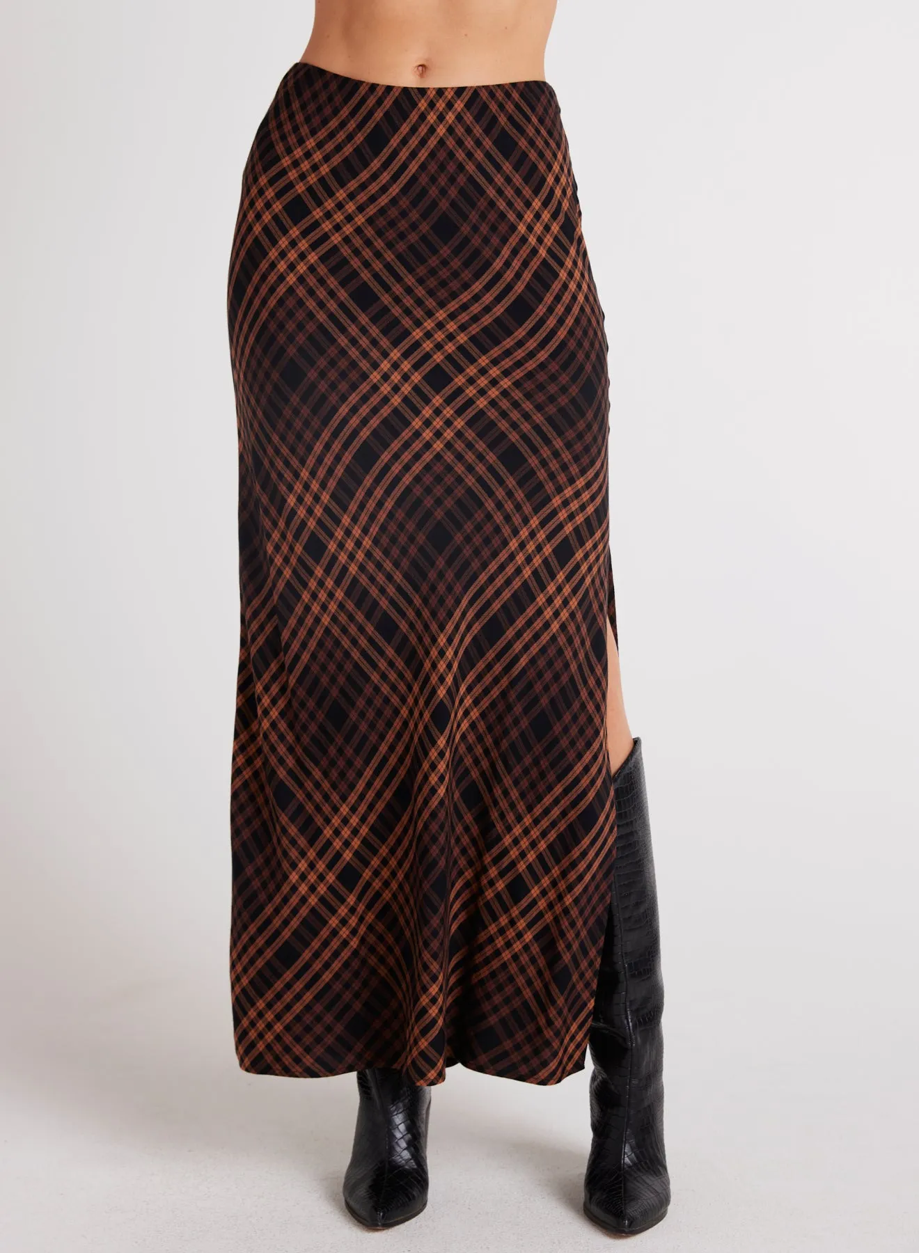 Bella Dahl Side Slit Bias Maxi Skirt in Autumn Ember Plaid