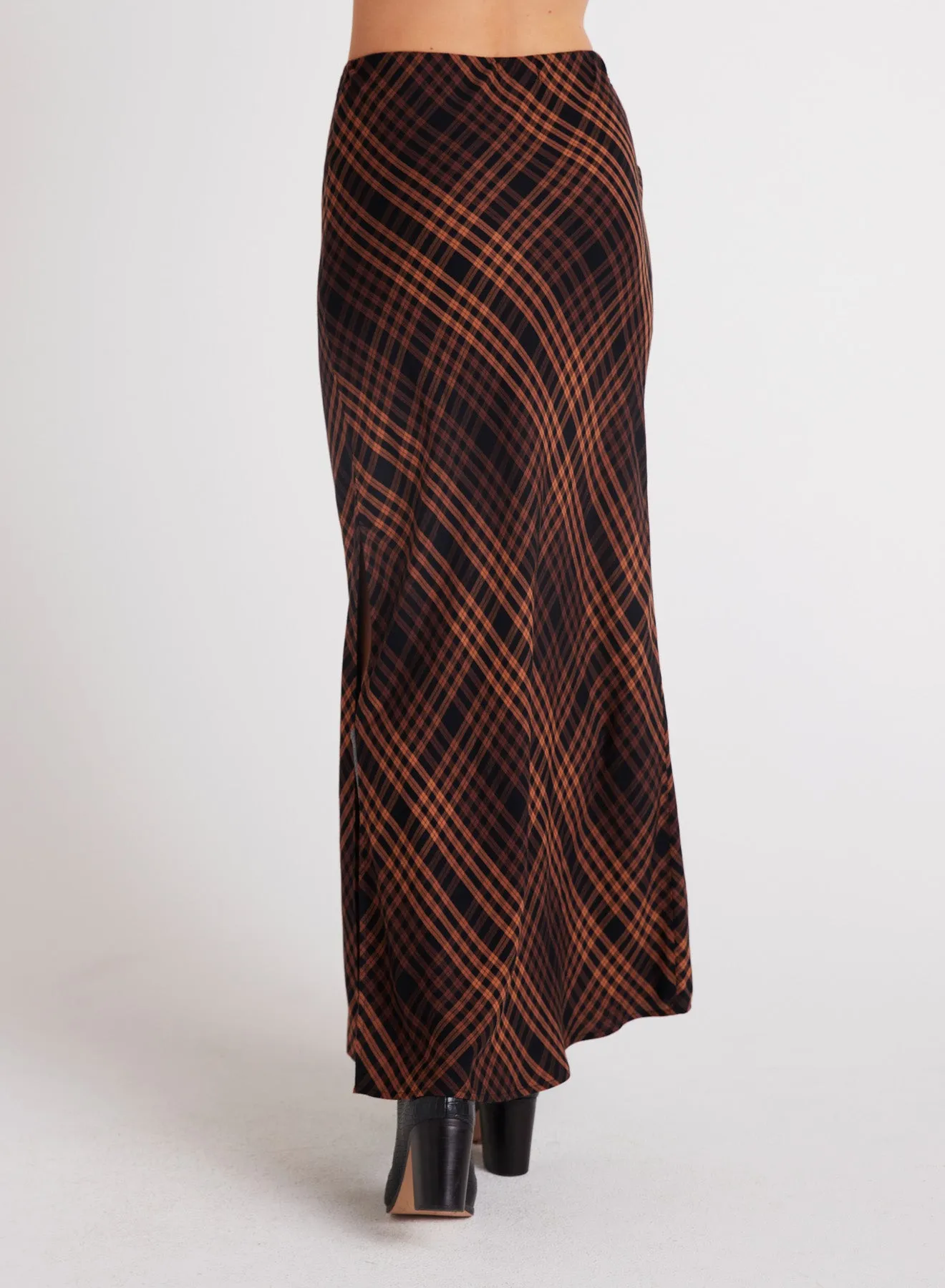 Bella Dahl Side Slit Bias Maxi Skirt in Autumn Ember Plaid