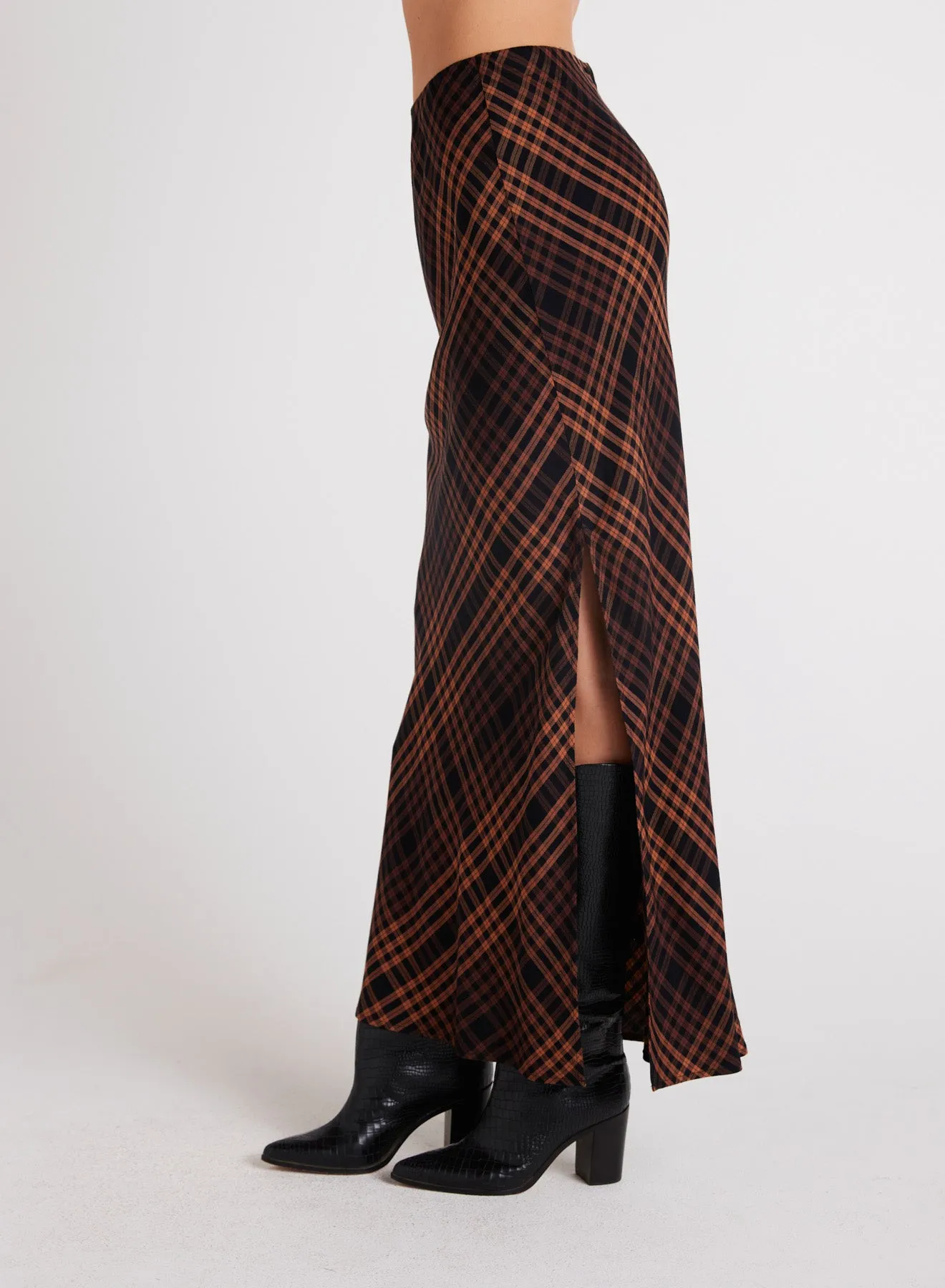 Bella Dahl Side Slit Bias Maxi Skirt in Autumn Ember Plaid