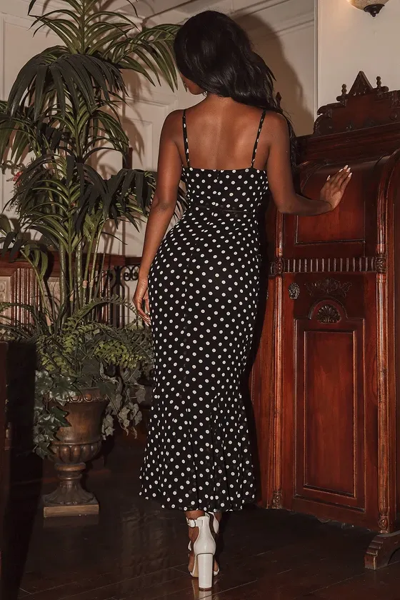 Best Spot to Be Black Polka Dot Sleeveless Ruffled Midi Dress