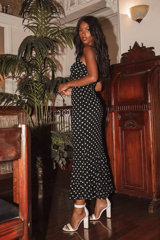 Best Spot to Be Black Polka Dot Sleeveless Ruffled Midi Dress