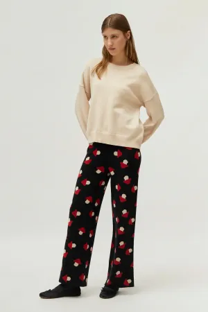 Black Jacquard Knit Pants With Mushrooms Print