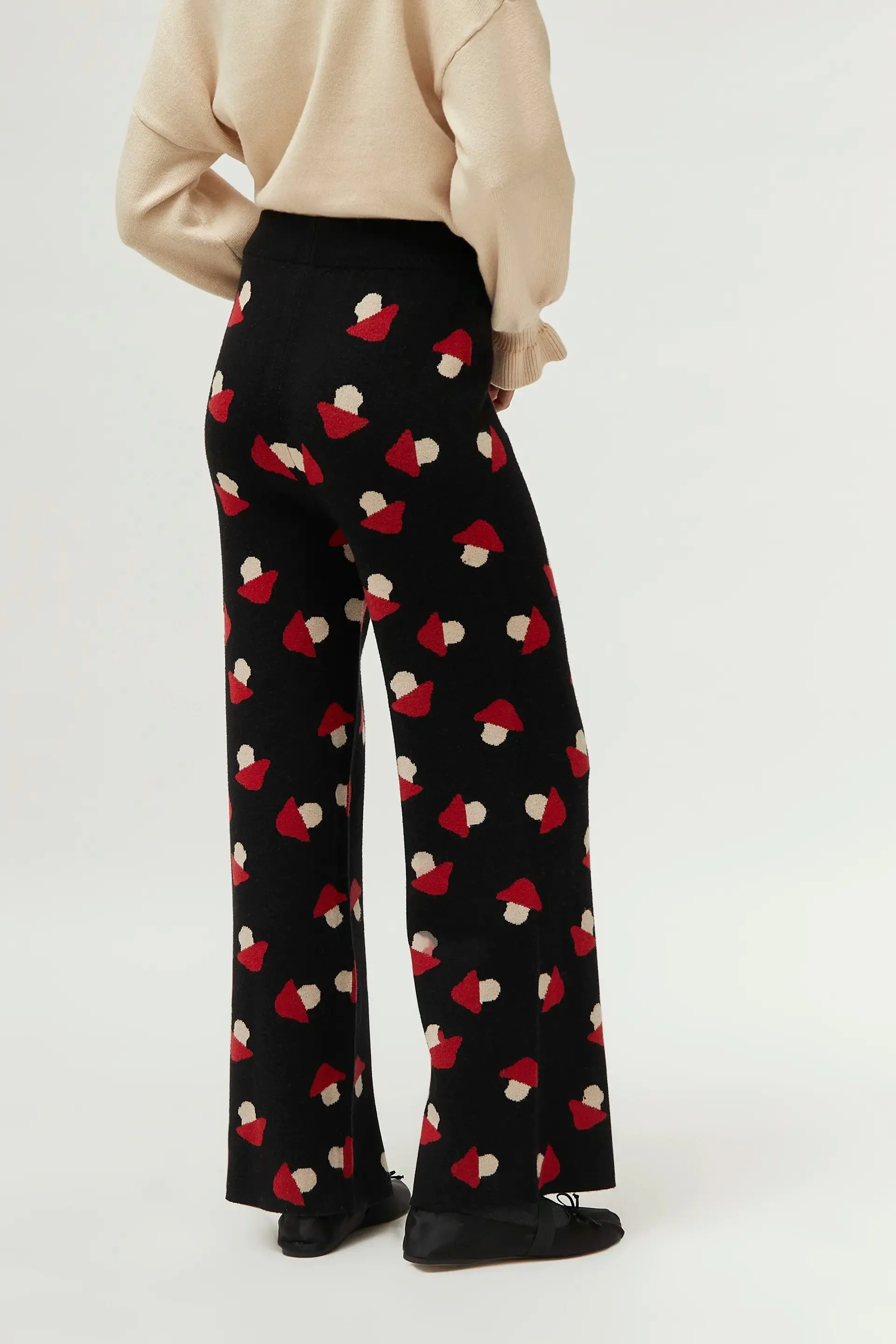 Black Jacquard Knit Pants With Mushrooms Print