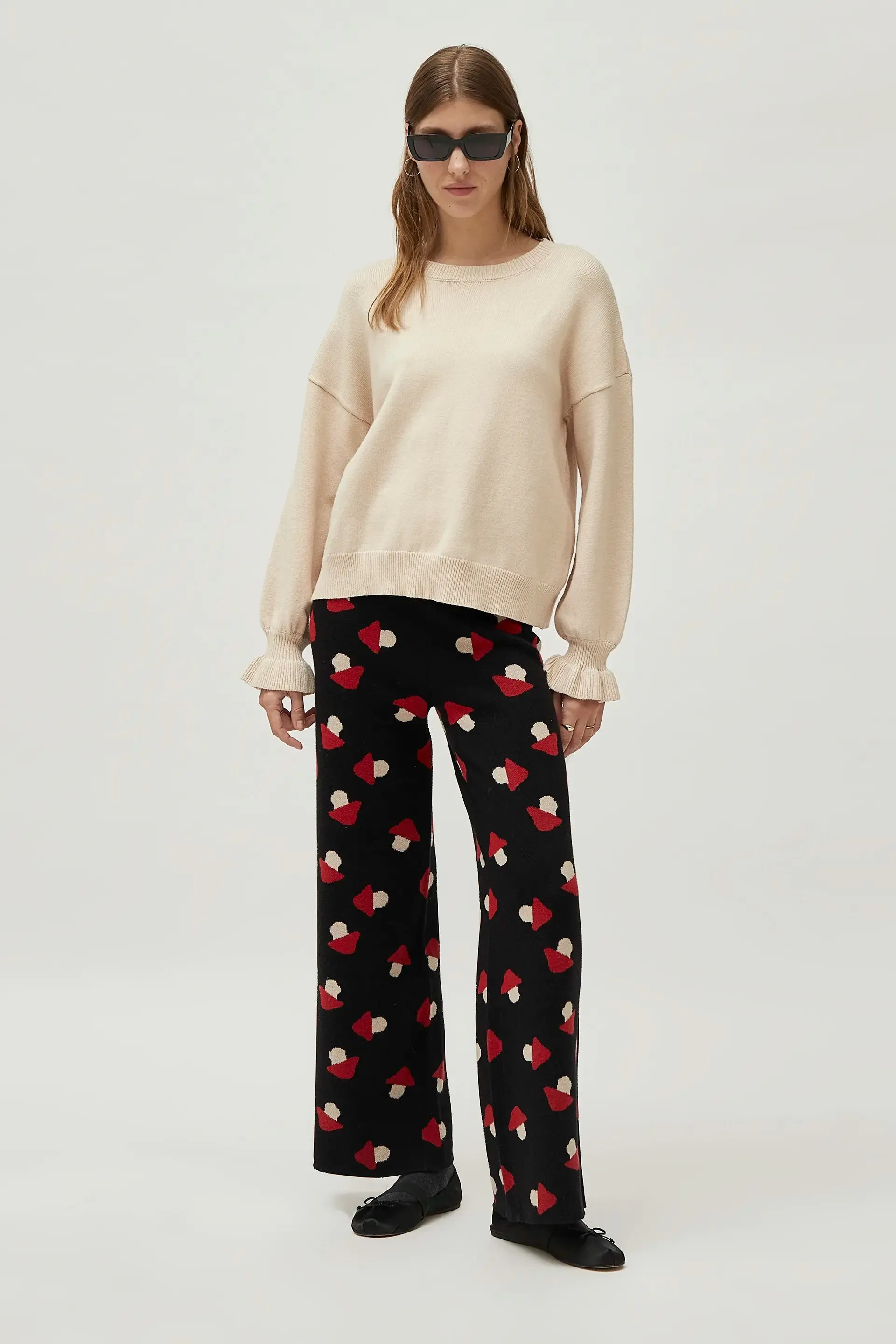 Black Jacquard Knit Pants With Mushrooms Print
