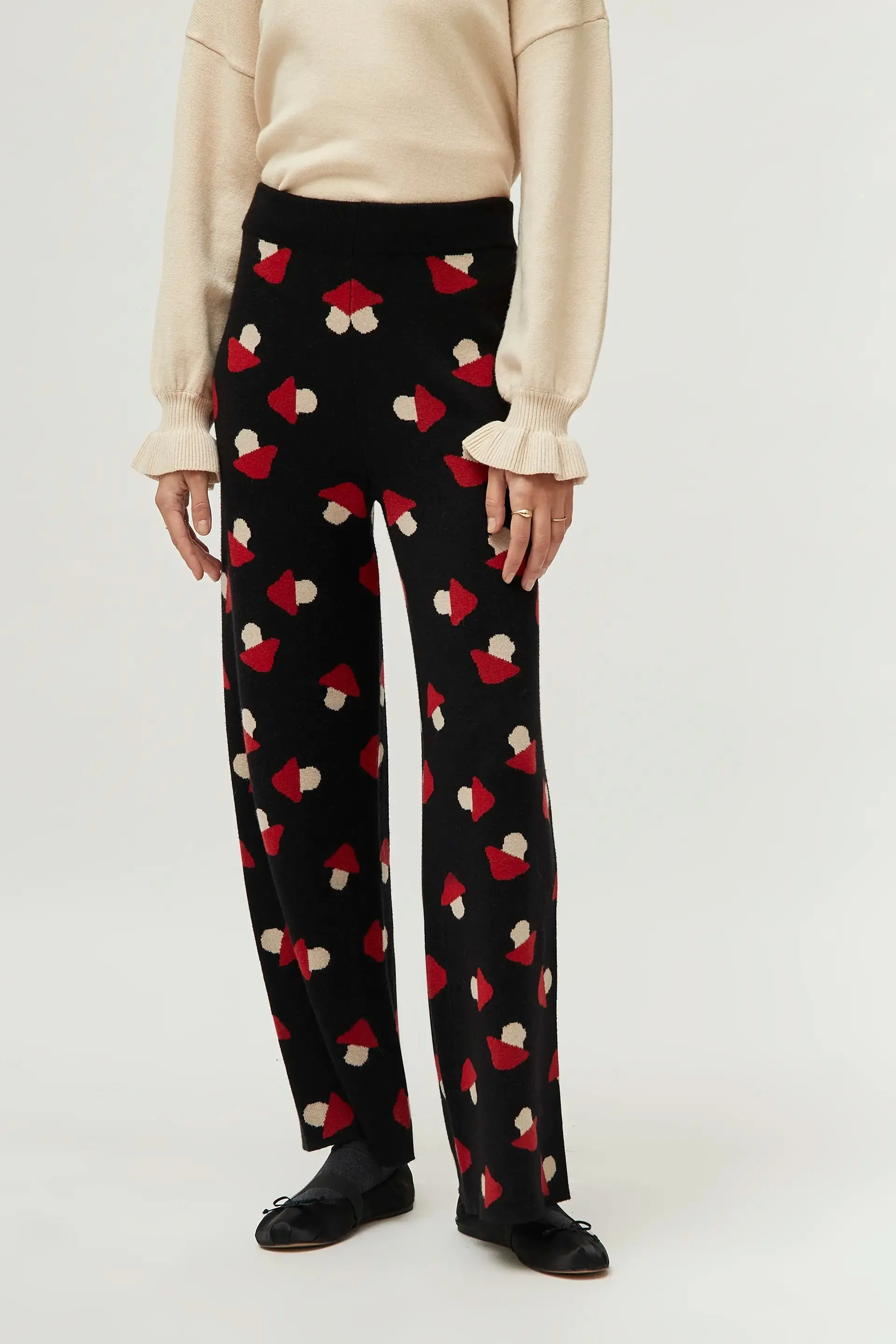Black Jacquard Knit Pants With Mushrooms Print