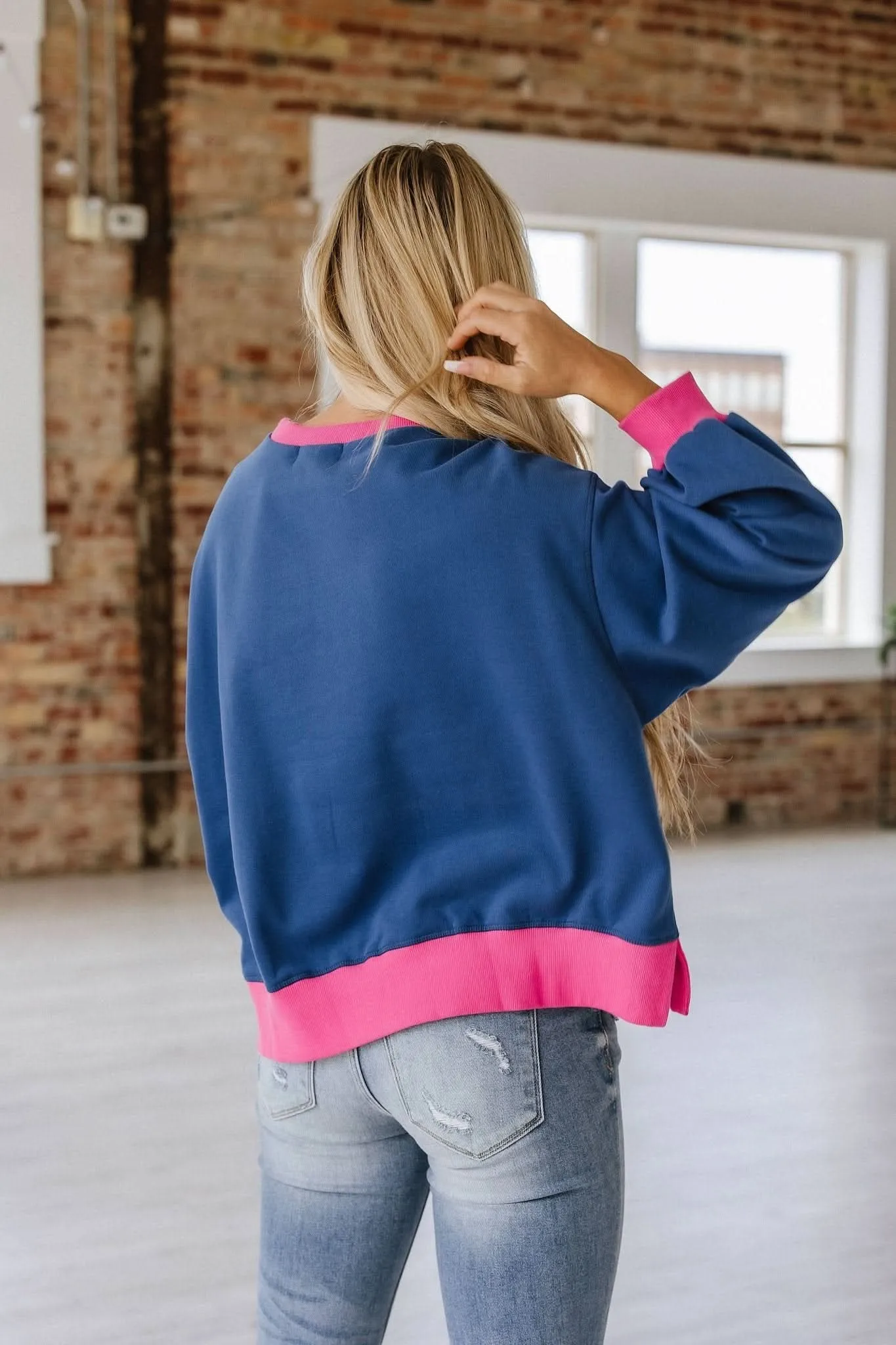 Blue   Pink Contrast Trim Sweatshirt 