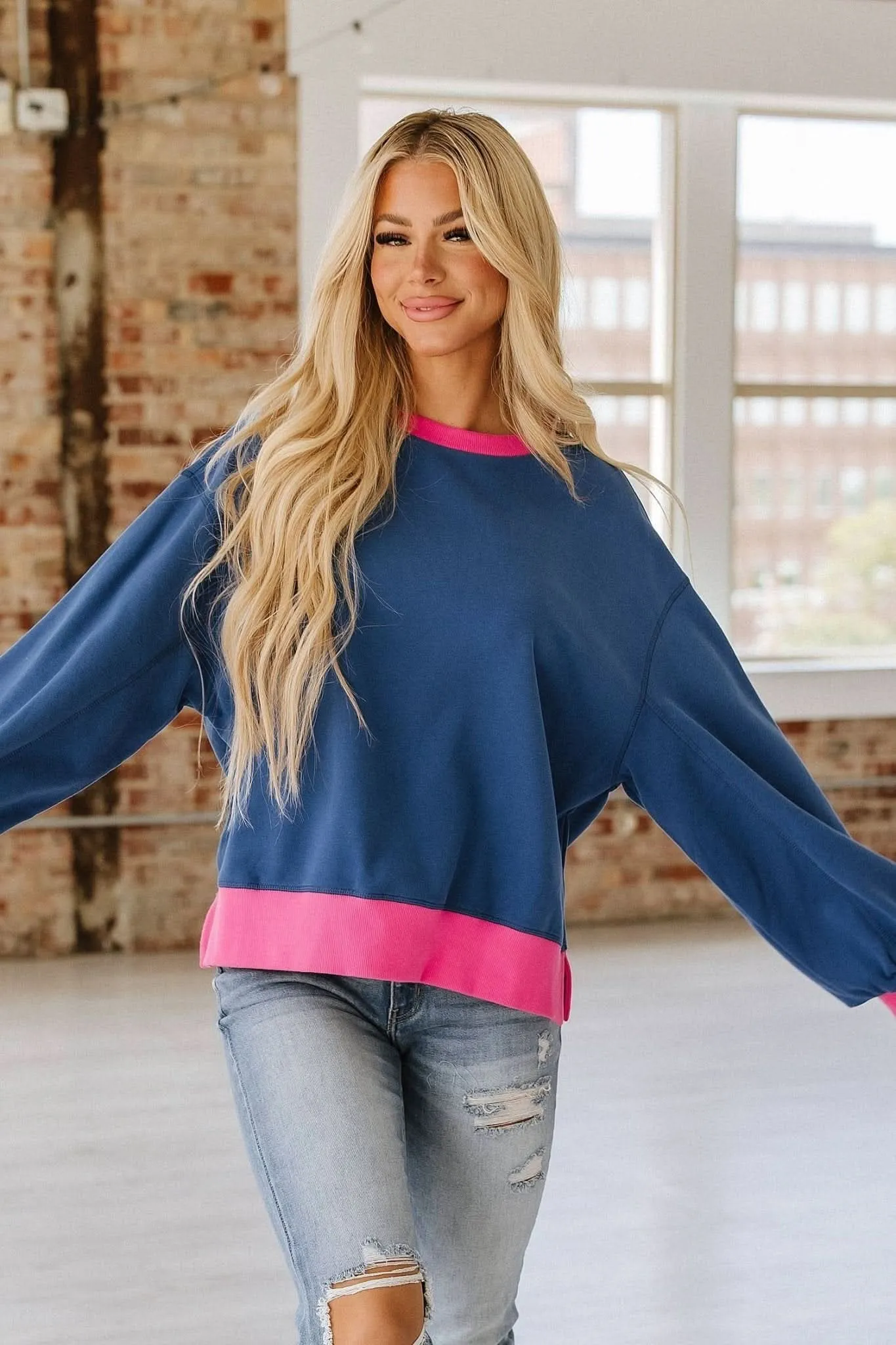 Blue   Pink Contrast Trim Sweatshirt 