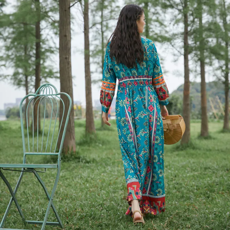 Bohemian ethnic style dress embroidered seaside travel long beach dress