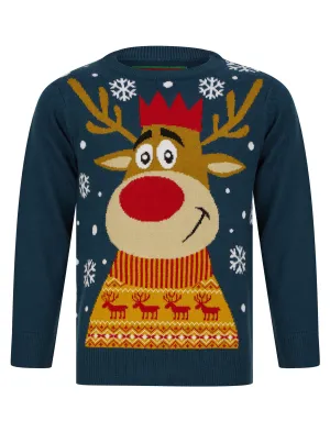 Boy's Reindeer Smile Novelty Christmas Jumper in Teal - Merry Christmas Kids (4-12yrs)