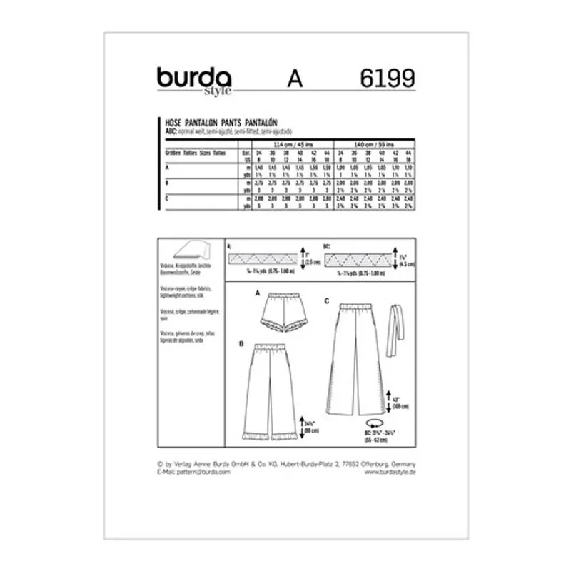 Burda Pattern X06199 Misses' Pull-on Pants & Shorts (34-44)