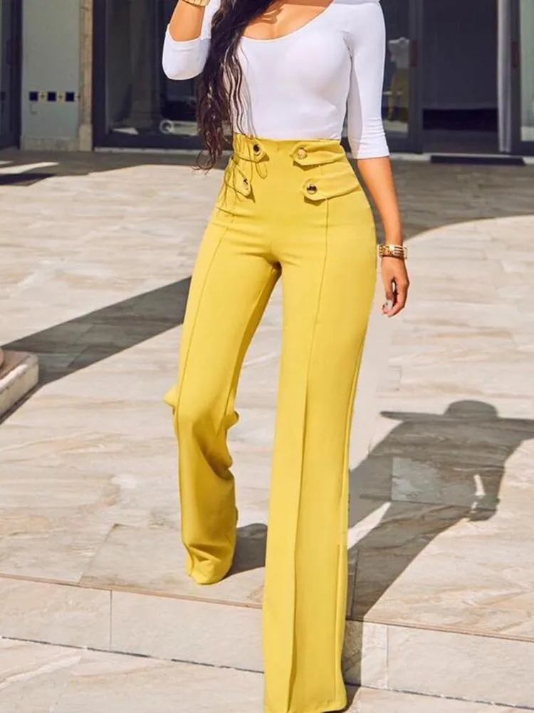 Buttoned High Waist Wide Leg Tailored Pants