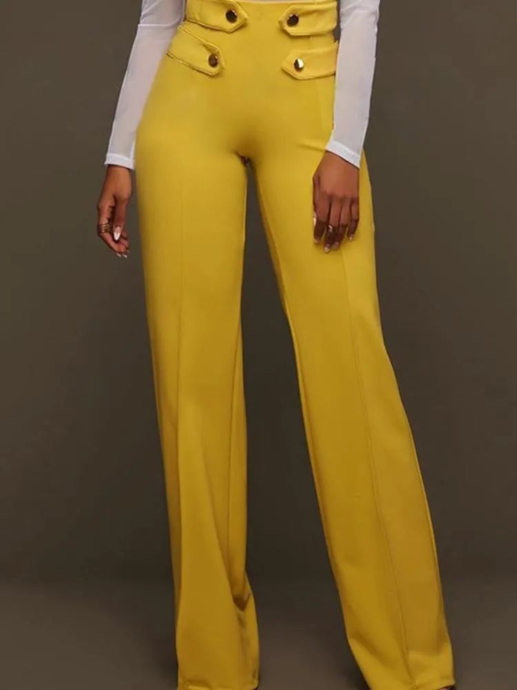 Buttoned High Waist Wide Leg Tailored Pants