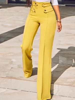 Buttoned High Waist Wide Leg Tailored Pants