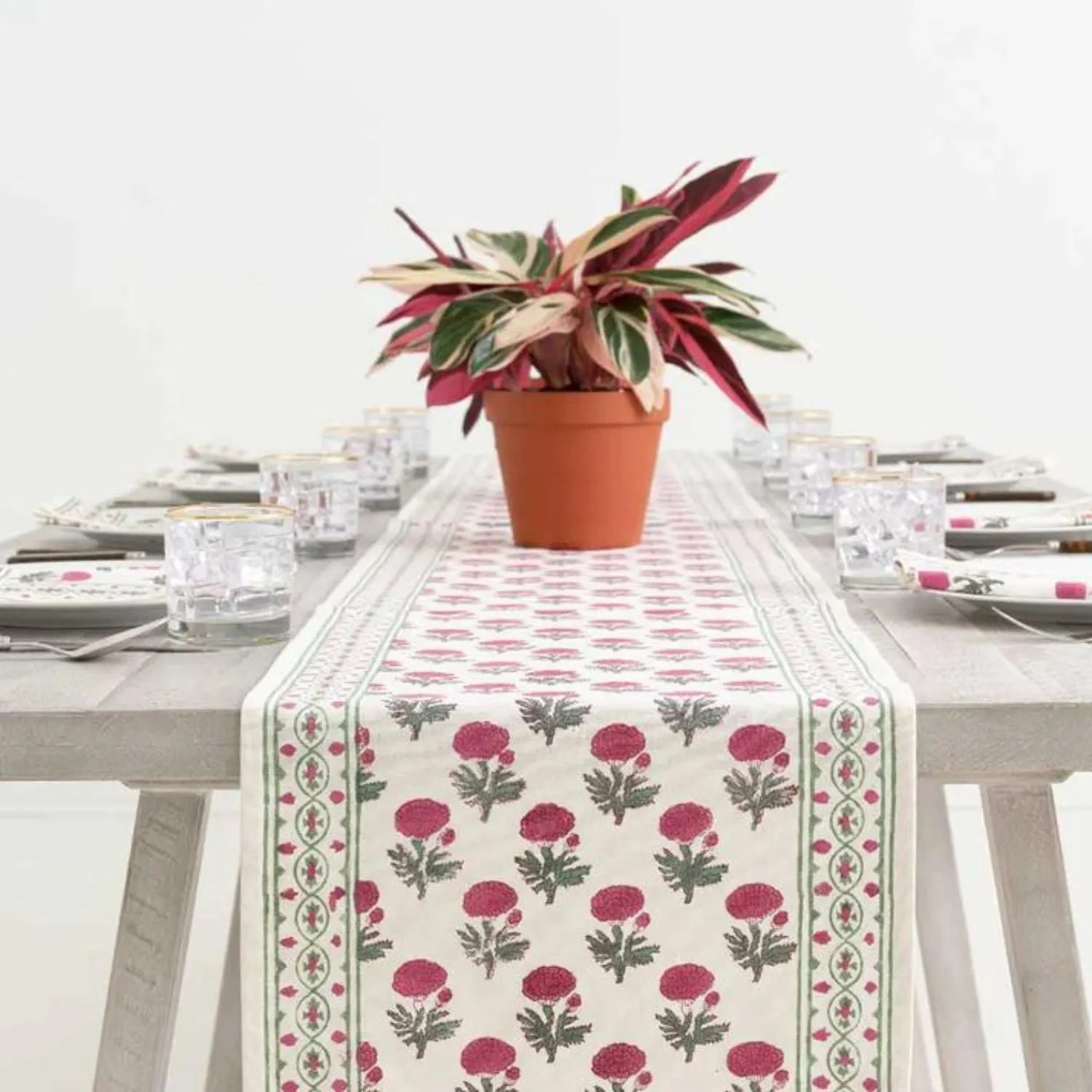 Cotton Dining Table Runner | Jaipuri Print | Red, Green & Off-white | 12" x 72"