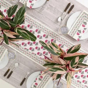 Cotton Dining Table Runner | Jaipuri Print | Red, Green & Off-white | 12" x 72"