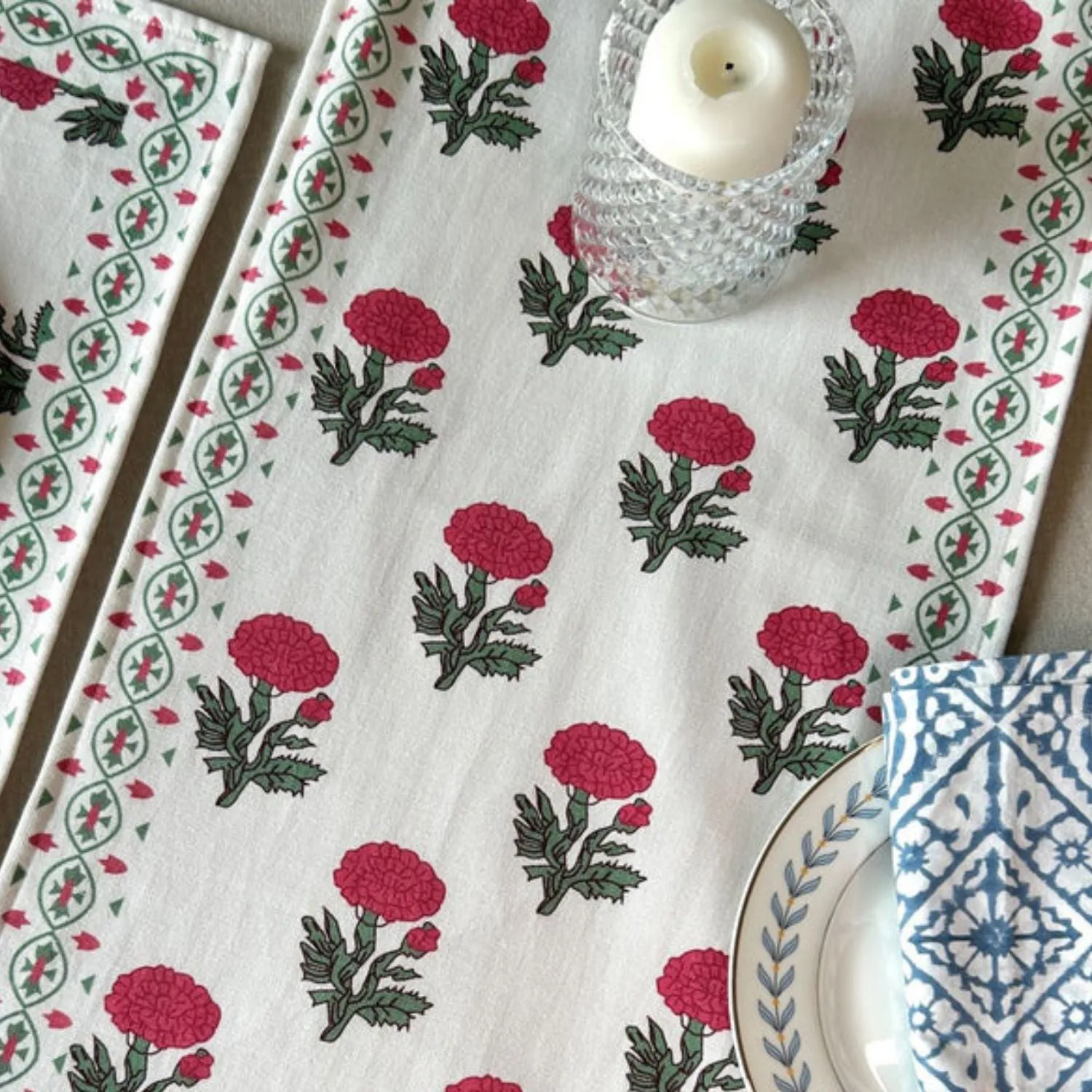 Cotton Dining Table Runner | Jaipuri Print | Red, Green & Off-white | 12" x 72"