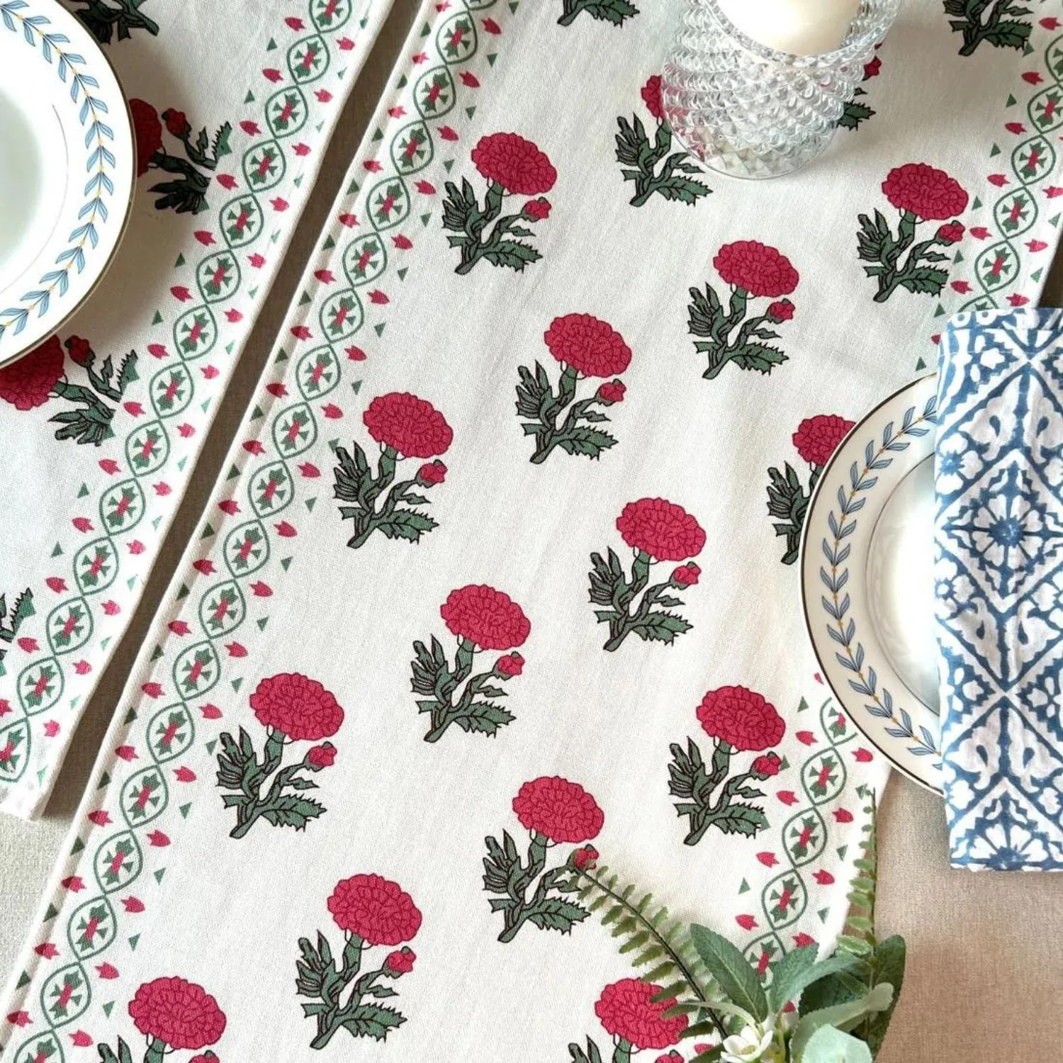 Cotton Dining Table Runner | Jaipuri Print | Red, Green & Off-white | 12" x 72"