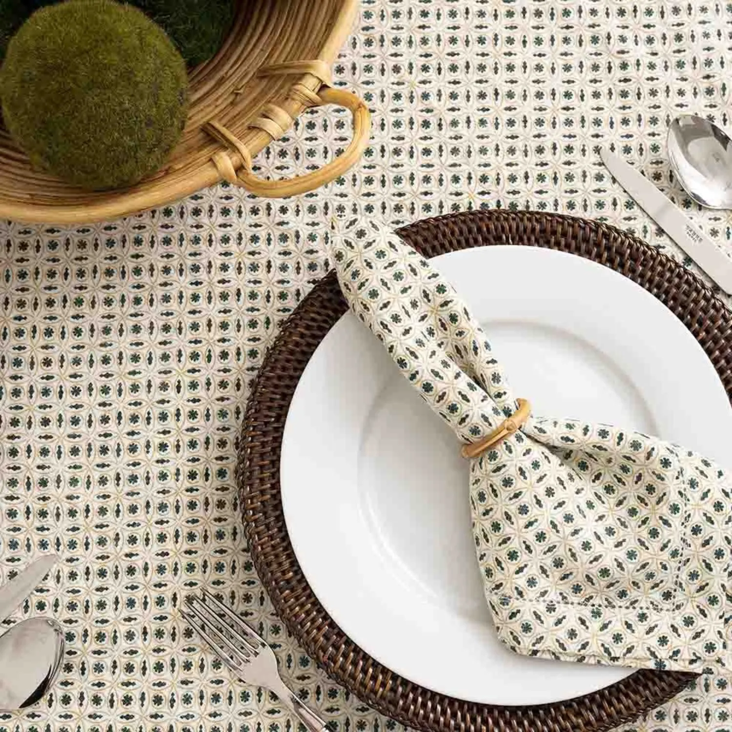 Cotton Table Cloth | Dining Decor | Bottle Green & White | 4, 6, 8 Seater
