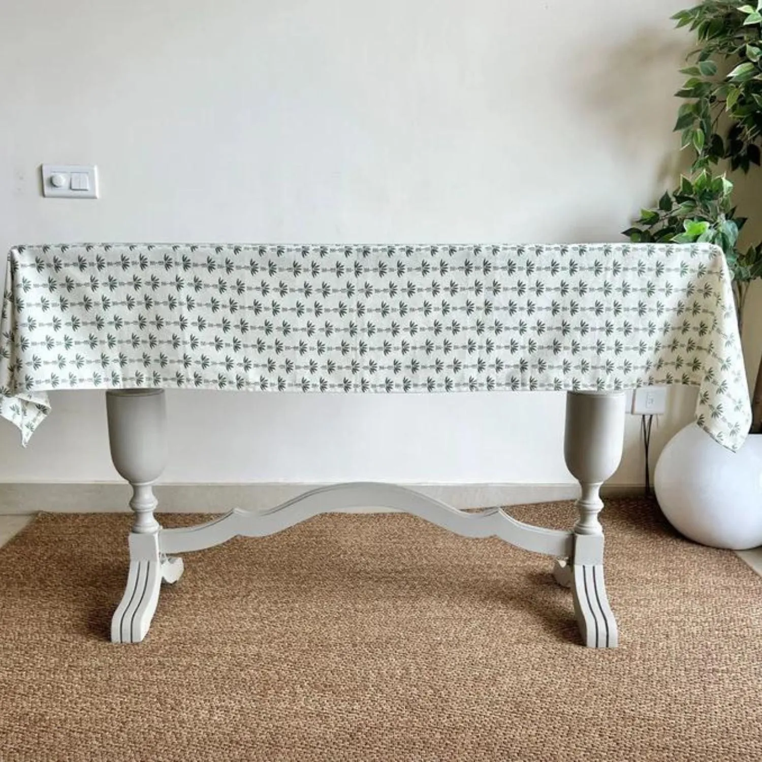 Cotton Table Cloth | Sage Green & White | Palm Trees Print | 4, 6, 8 Seater