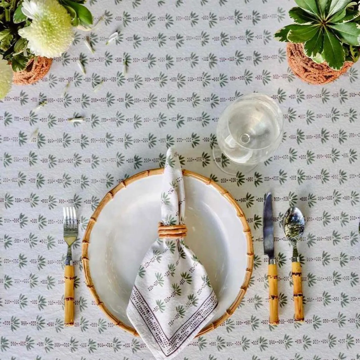 Cotton Table Cloth | Sage Green & White | Palm Trees Print | 4, 6, 8 Seater