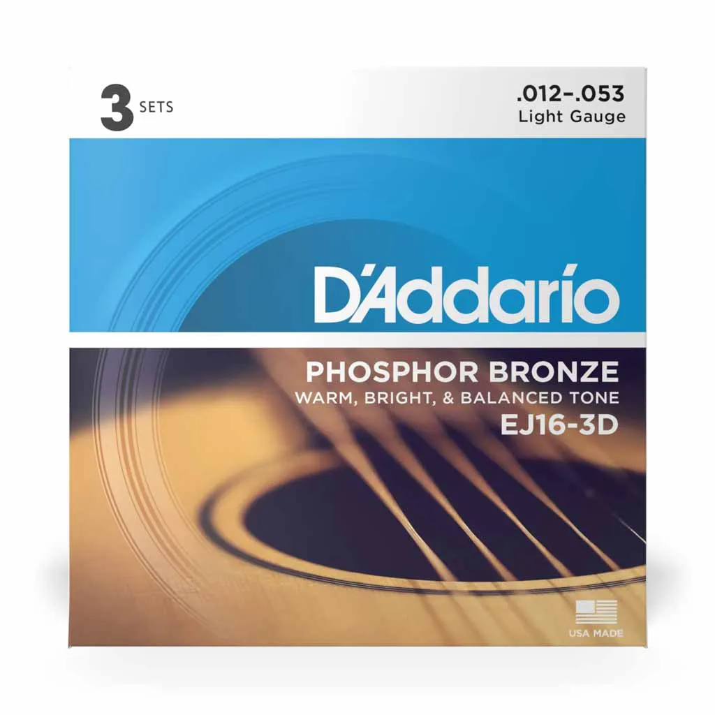D'Addario EJ16-3D Regular Light 12-53 Phosphor Bronze Acoustic Guitar String 3 Pack