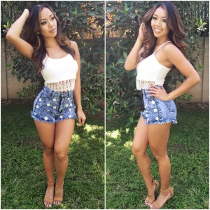 Daisy Detail High Waisted Shorts with Frey - Dark Blue