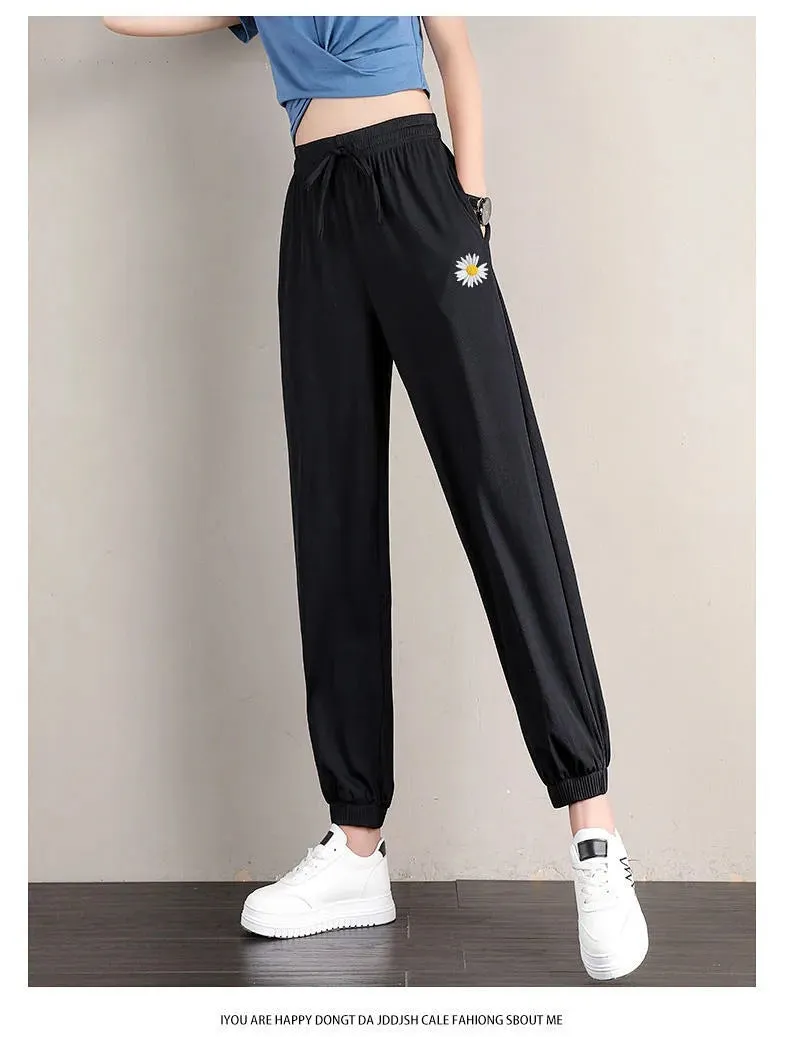 Daisy Ice Silk Lantern Pants Women Summer Thin High Waist Slim Look Harem Loose Jogger Ankle-Length Pants