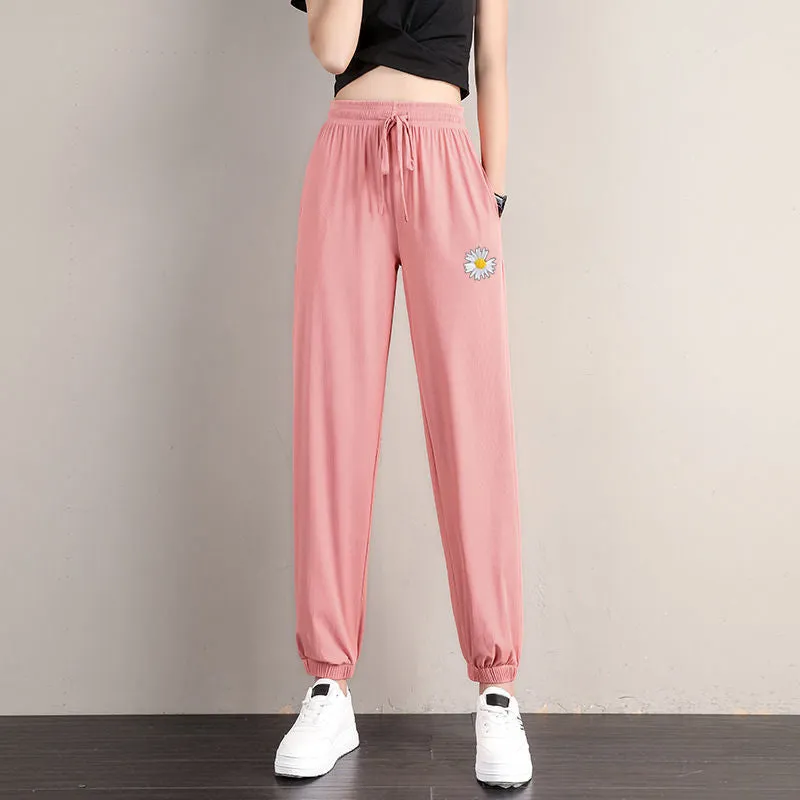Daisy Ice Silk Lantern Pants Women Summer Thin High Waist Slim Look Harem Loose Jogger Ankle-Length Pants