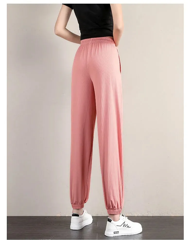 Daisy Ice Silk Lantern Pants Women Summer Thin High Waist Slim Look Harem Loose Jogger Ankle-Length Pants