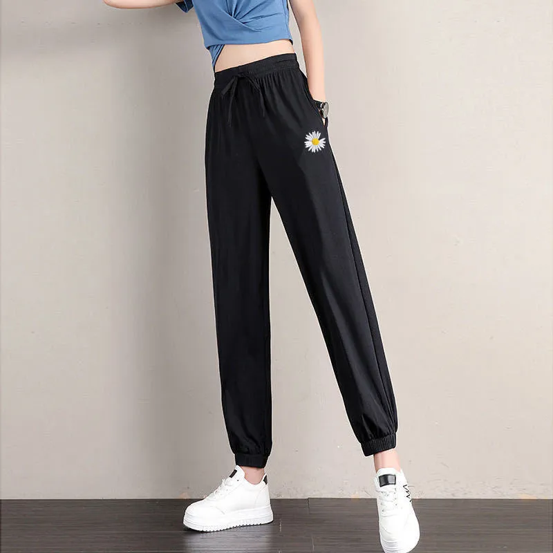 Daisy Ice Silk Lantern Pants Women Summer Thin High Waist Slim Look Harem Loose Jogger Ankle-Length Pants