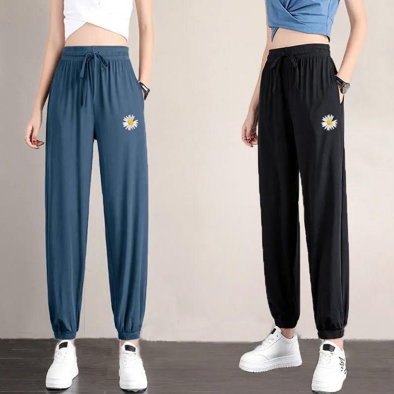 Daisy Ice Silk Lantern Pants Women Summer Thin High Waist Slim Look Harem Loose Jogger Ankle-Length Pants