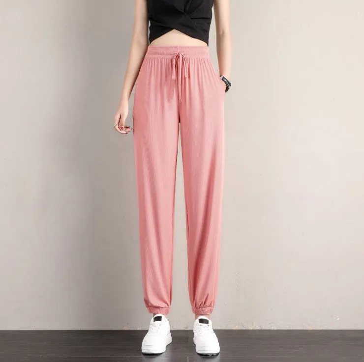 Daisy Ice Silk Lantern Pants Women Summer Thin High Waist Slim Look Harem Loose Jogger Ankle-Length Pants