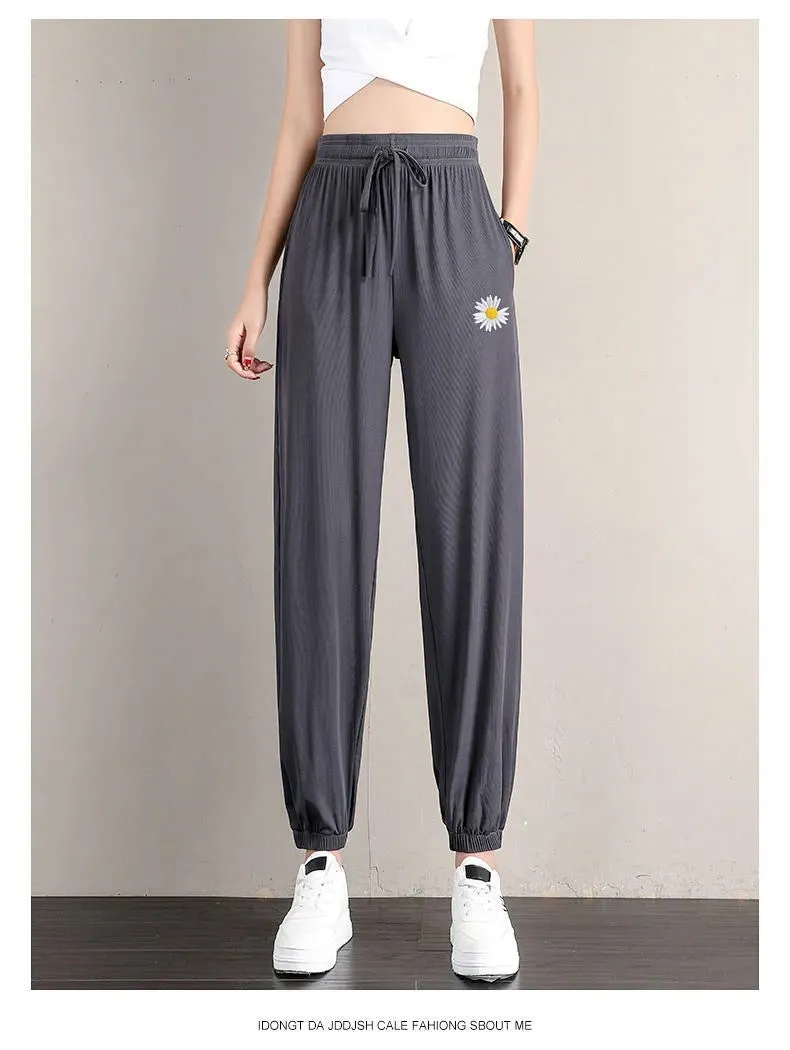 Daisy Ice Silk Lantern Pants Women Summer Thin High Waist Slim Look Harem Loose Jogger Ankle-Length Pants
