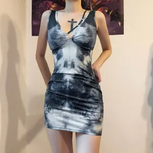 Digital printed sexy low-cut high-waist hip dress
