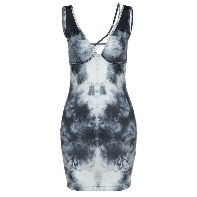 Digital printed sexy low-cut high-waist hip dress