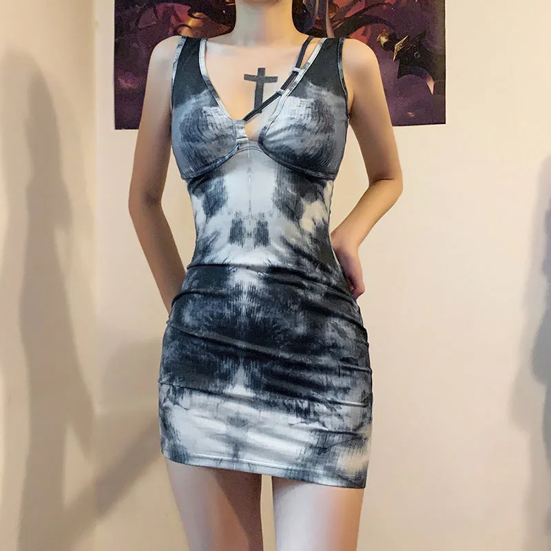 Digital printed sexy low-cut high-waist hip dress