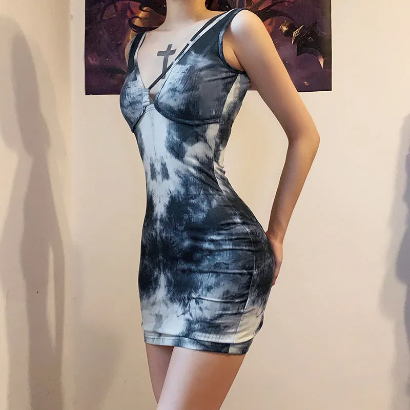 Digital printed sexy low-cut high-waist hip dress