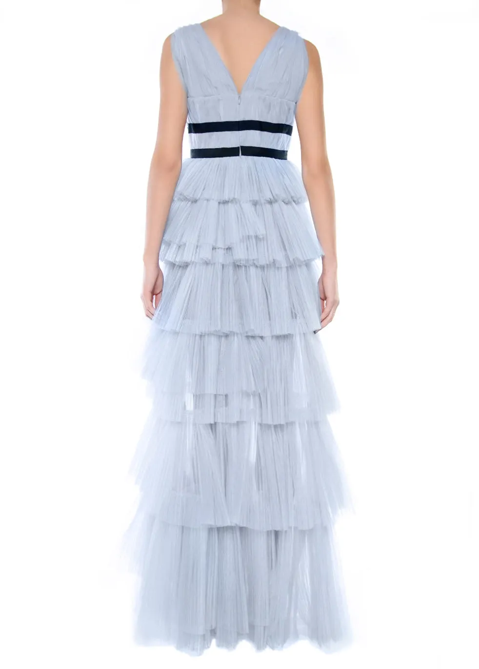 Eliza Dusty Blue Plunging Neck Layered Tulle Skirt Maxi-Dress