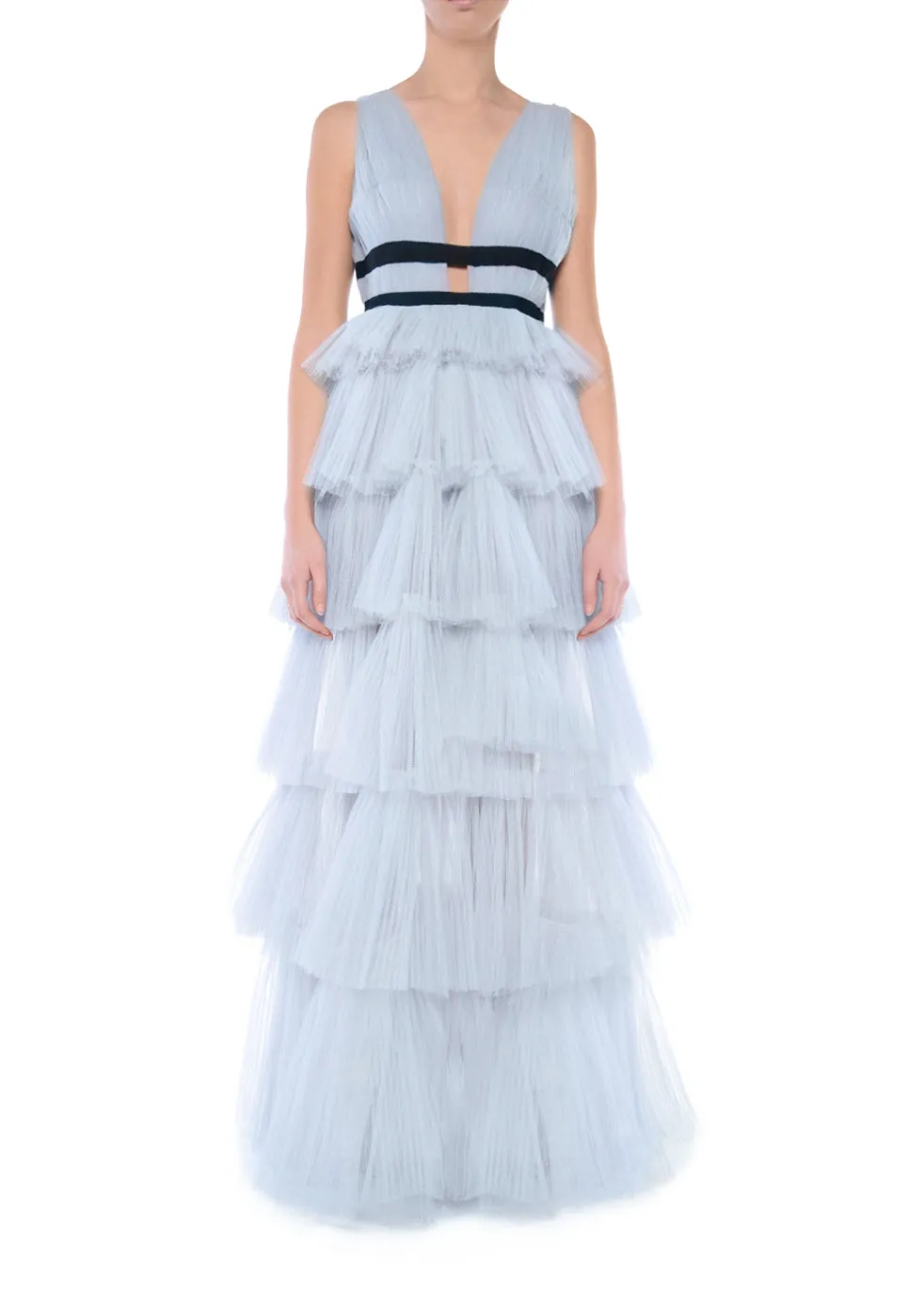 Eliza Dusty Blue Plunging Neck Layered Tulle Skirt Maxi-Dress